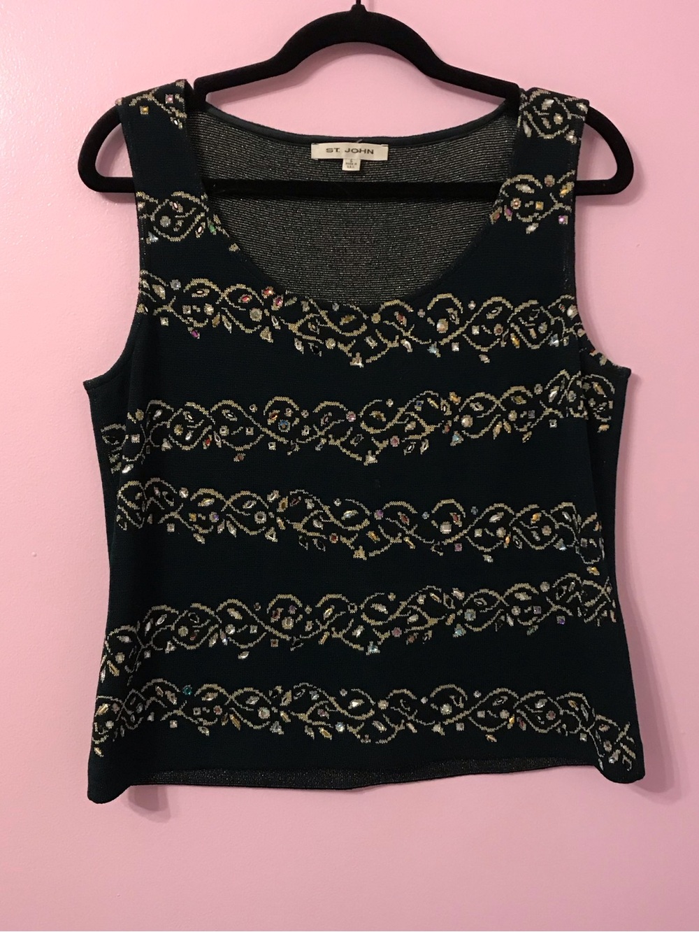 ST JOHN green gold metallic embellished beaded sleeveless knit Santana top sz 6